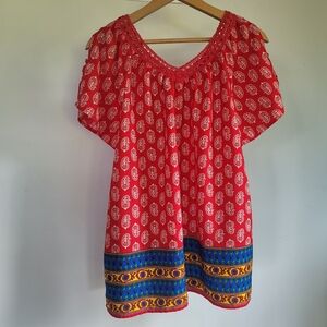 Vintage Rebecca Malone L Flowy Red Multicolor Top Blouse Crochet V-neck Print